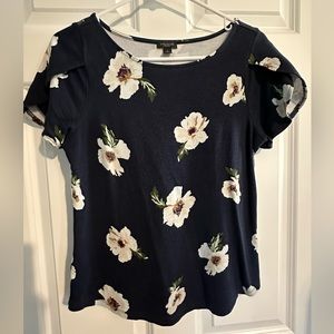 Ann Taylor Factory M Navy Floral Top with Tulip Sleeves